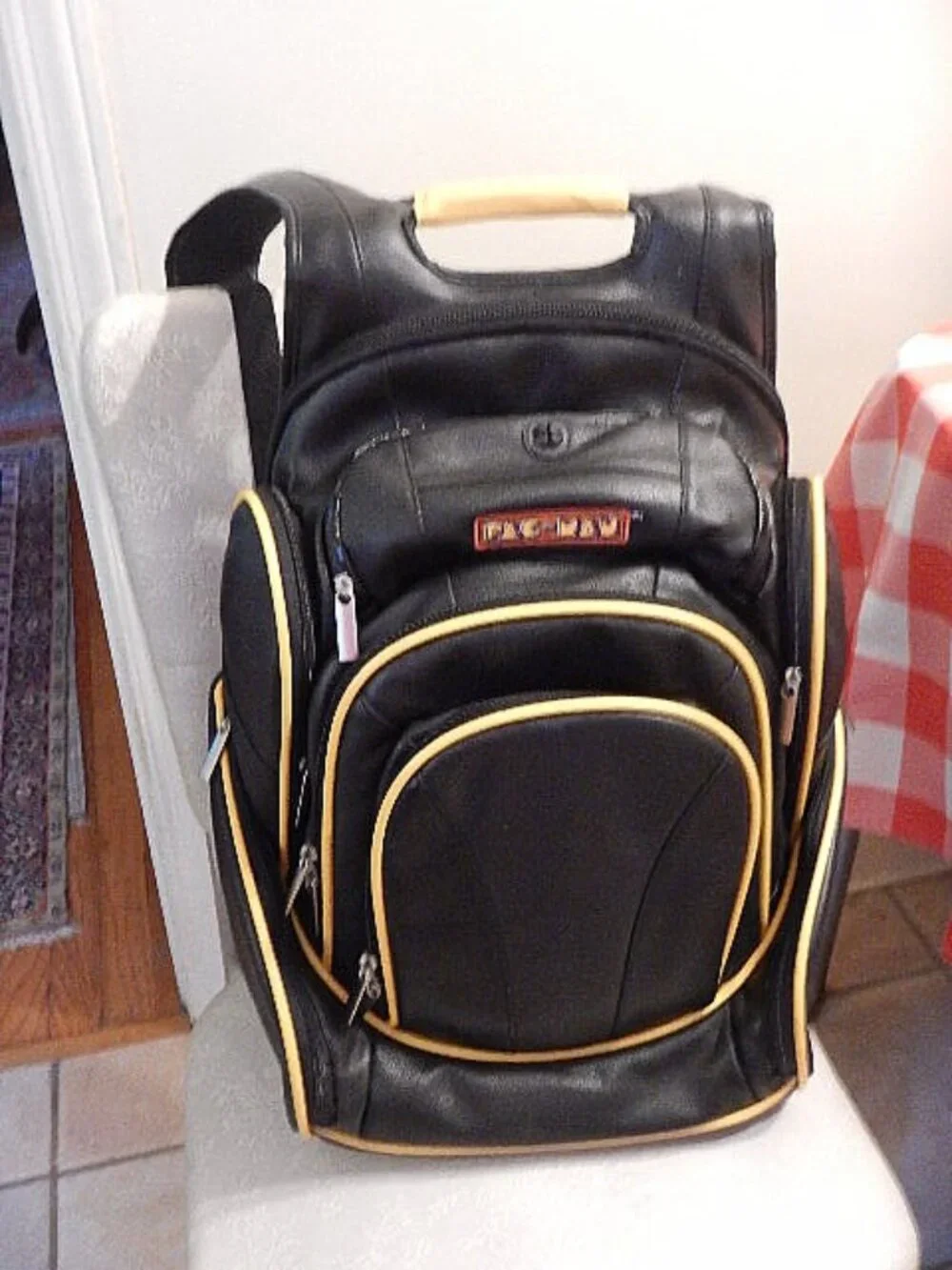 Backpack PAC MAN Leather  Multi Pocket Black w/Yellow MINT